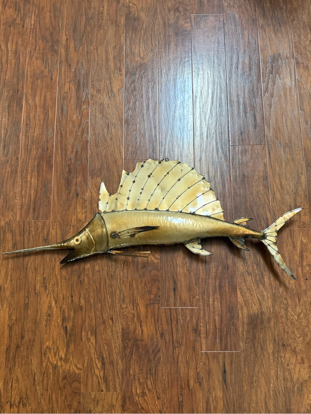 Metal Sailfish Wall Sculpture Brass Color  38 In.  Coastal Folk Art